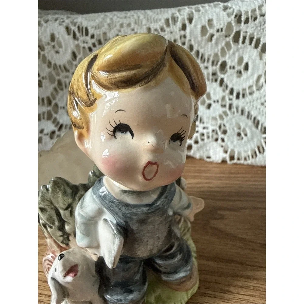 Vintage Enesco‎ Hand Painted Planter Featuring A Boy And A Puppy